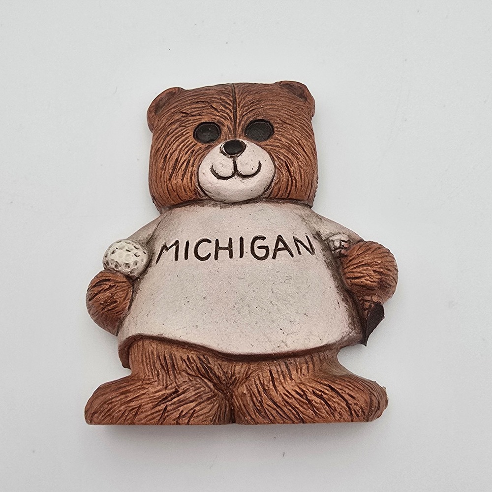Michigan Teddy Bear Golfing Refrigerator Magnet Vintage Souvenir Brown White